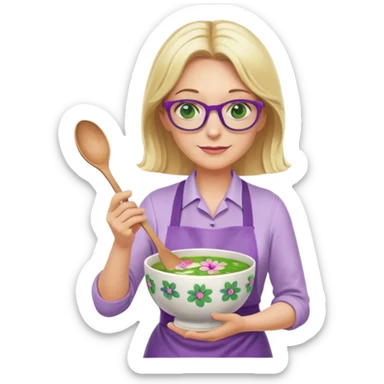 middle aged woman with shoulder length blonde hair, purple glasses, green eyes, flower apron, holding a bowl and mixing spoon sticker