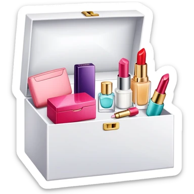 an open box overflowing with beauty products, including lipstick, face cream, and a perfume bottle sticker