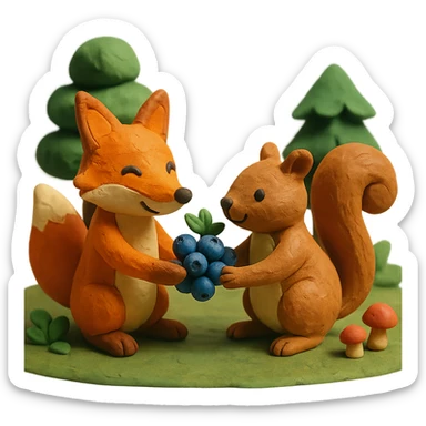 a fox and squirrel sharing berries, forest friendship scene sticker