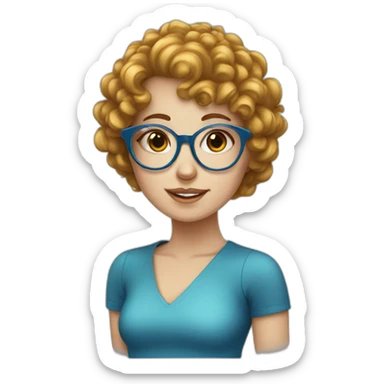 white girl with blue curly hair, bangs, round glasses sticker