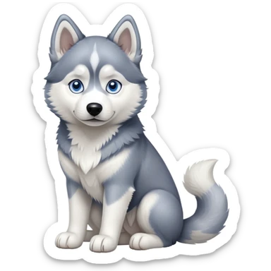 cinematic-[siberian husky]-realistic-full-body-sitting-emoji,-tail-resting-loosely-beside-its-paws,blue eyes-head-tilted-dramatically, -fluffy-[grey and white]-fur,-simplified-yet-realistic-focused-features,-highly-detailed,-glowing-with-an-almost-sarcastic-glow sticker
