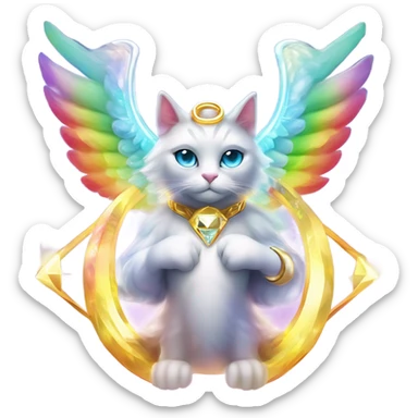 Omega ultra cosmic galactic hyperverseal alpha Transcendent Heavenly Rainbow 4d Diamond ultra mega surpream beyond Omni-Cat God with wings and a ring around its body and another ring above it’s head full body sticker