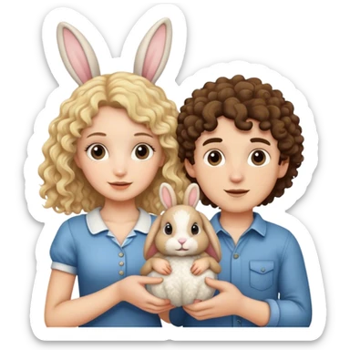 blonde curly girl and brunette curly boy with a bunny  sticker