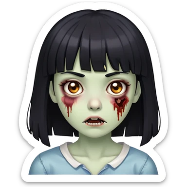 Uma garota zumbie de cabelos liso preto com franja, pele branca e olhos castanhos. sticker