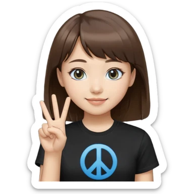 a girl with narrow Asian blue eyes, brown hair, and a small bang below her shoulders, wearing a black T-shirt, with a peace sign sticker