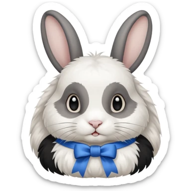 a white and black realistic domestic rabbit with a blue ribbon on its neck sticker