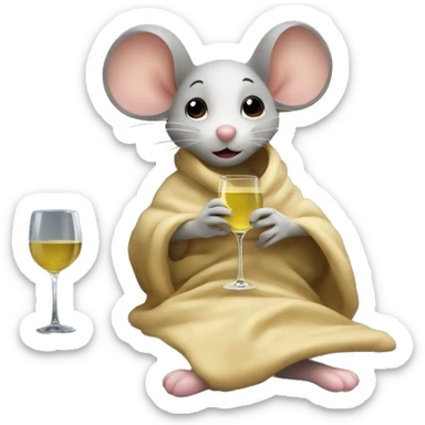 A cute girl mouse sitting in a sofa underneath a blanket holding a glass of white wine. The mouse in front of the tv watching netflix sticker