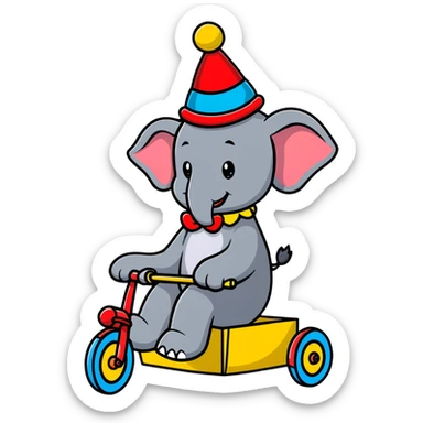 Comical gray elephant wearing a clown hat riding a small colorful tricycle sticker
