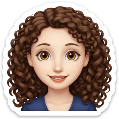 Light brown eyed female with pale skin. She has big eyes, curly and long dark brown hair and thin lips smiling. sticker