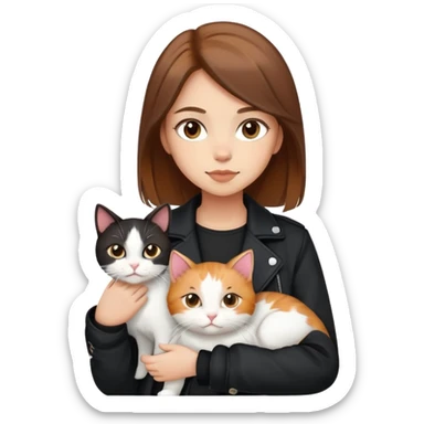 Light-skinned girl with brown hair wearing black jacket with white cat and calico cat sticker