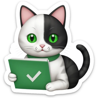 A black and white Cat holding a list with a green check mark symbolizing a task is done. sticker