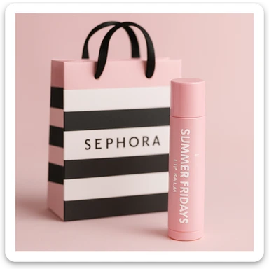 A pink preppy lip balm with a cute Summer Fridays logo, styled as a trendy product from Sephora, with a Sephora shopping bag in the background, soft pastel colors, girly and chic vibe sticker