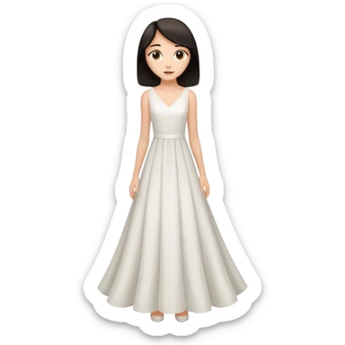 Make an emoji of a slender, full-length girl in an evening white dress with dark hair and brown eyes sticker