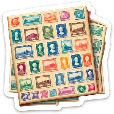 Icon for Stamp Collecting: a large stamp block in the middle and a collection of vintage and colorful stamps arranged around in an album or on a desk, with showcasing different themes. The icon should reflect the charm and history of philately. Transparent background. sticker