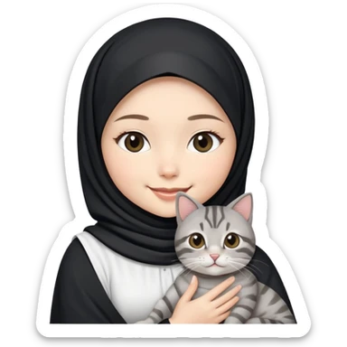 Asian White girl wearing black hijab and white dress holding a black grey tabby cat while smiling.  sticker