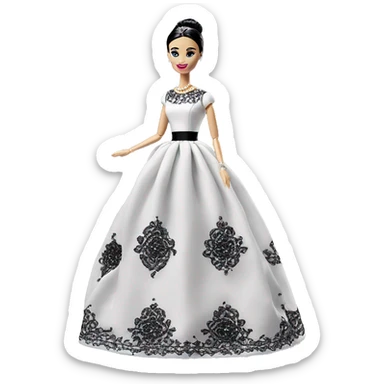 Audrey Hepburn Barbie. Wednesday Addams. Show full body. Embroidered long gown with accessories  sticker