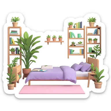 aesthetic bedroom with soft colors, plants, bookshelves, and study area sticker