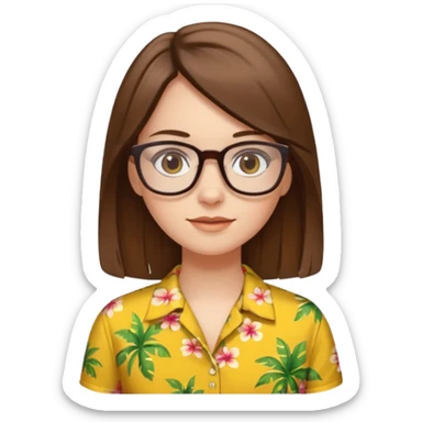 Hawaii female with white skin. Shoulder length straight brown hair. Brown eyes with glasses. Female wearing yellow Hawaiian print shirt. sticker