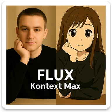 same similar image but chnage the text to "Flux Kontext Max", change people and pose too sticker