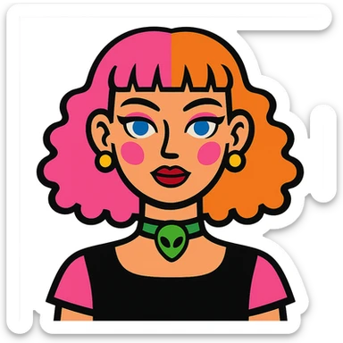 girl with blue eyes, pink makeup, narrow eyebrows, earrings, green alien head choker, black and pink blouse, curly hair to shoulders, hair half hot pink and half ginger, short straight baby bangs sticker