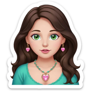 Girl girl long wavy dark brown hair with middle part, green/blue/gold eyes, plus size, pink girly top, right nostril rose gold nose ring, pink heart crystal necklace  sticker