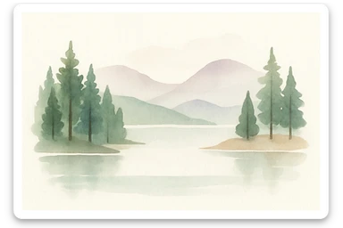 a lake surrounded by trees and mountains, watercolor art style sticker
