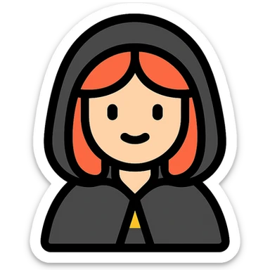 white-skinned girl with red hair wearing a black cloak with a hood sticker