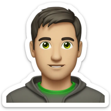 it project manager, 27 yo, man, dark short hair, green eyes, sweatshirt sticker