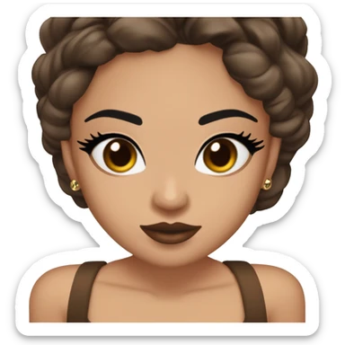 Maddy Perez has warm brown eyes with bold black eyeliner, dark brows, full nude-to-berry lips, bronzed skin, and sharp cheekbones. Her sleek dark brown hair is styled with waves or ponytails, often with rhinestones.

 sticker