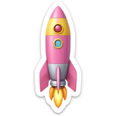 A single rocket, colored in pastel pink and yellow, glossy and smooth, cartoonish, vibrant colors, high detail, simple and cute design, isolated on white background, centered composition sticker