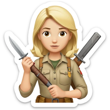Blonde female wilderness explorer Melissa Backwoods holding a survival knife sticker