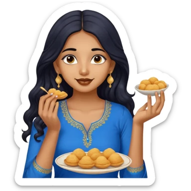 a pretty tan indian bratz girl with wavy long BLACK hair. eyeliner on, wearing a blue kurti, eating golgappa. NO SPOON sticker