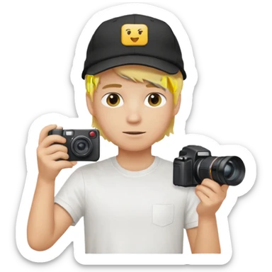 Young male, holding camera, white t-shirt, cap, blond hair sticker