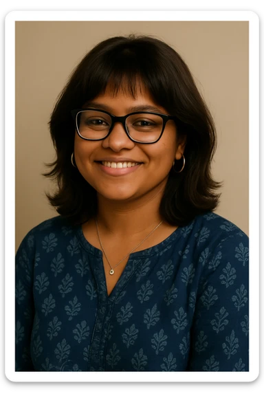 Keep the face and hair the same as the reference photo. Use realistic skin tone matching the reference. Add slight fringes on the top to slightly cover the forehead. Make the background soft beige. Change outfit to an indigo, handprinted kurti. Add bigger silver hoop earrings and a simple silver pendant around her neck. Keep the same smiling, casual expression and black bowline spectacles. sticker