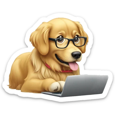Golden retriever with reading glasses typing on computer sticker
