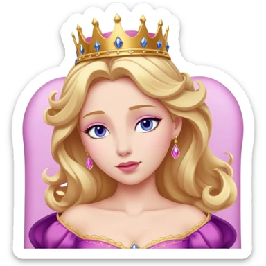 Cinematic Realistic Sleeping Beauty (Aurora) Portrait, with porcelain-like skin featuring a natural rosy flush, illuminated by soft lighting that highlights the gentle contours of her face. Her golden blonde hair flows in soft, detailed waves with subtle highlights that shimmer in the light. Her deep violet-blue eyes radiate warmth and innocence, framed by arched brows and long lashes. Her serene expression exudes quiet elegance. She is dressed in her classic pink gown, the fabric rich in texture with delicate folds that catch the light. A golden crown rests atop her head, gleaming with royal refinement. The portrait captures a soft, glowing aura, blending realism with an ethereal sense of beauty and timeless enchantment. sticker