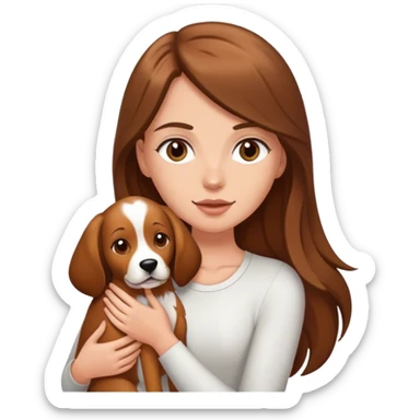 White girl with long brow hair holding big tan dog sticker