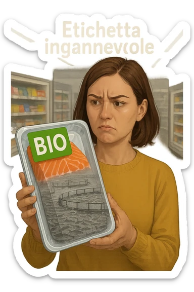 Scena in un supermercato moderno: uomo o donna tiene in mano una confezione di salmone etichettata 'BIO', con un grande bollino verde. Ma in trasparenza, dietro l’etichetta, si intravede un allevamento intensivo di salmoni in gabbie marine, acqua torbida e pesci ammassati. Espressione del cliente confusa e sospettosa. Sopra la testa, testo simbolico fluttuante: 'Etichetta ingannevole'. Colori contrastanti: confezione brillante ma realtà di fondo grigia e artificiale. Stile realistico con elementi simbolici forti realistico sticker