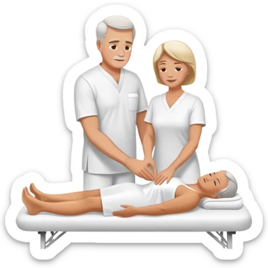 60-year-old white man dressed in white tunic giving massage to a 60-year-old white woman sticker