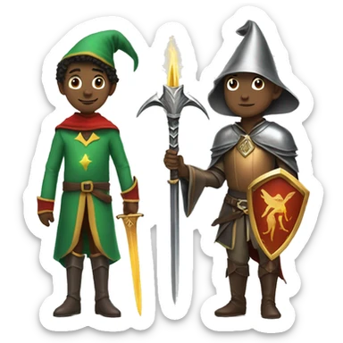 friends dressed as a wizard, an elf and a knight with a sword and shield sticker