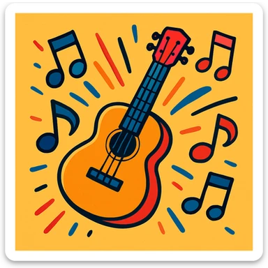 guitar surrounded by musical notes, playful and energetic style sticker