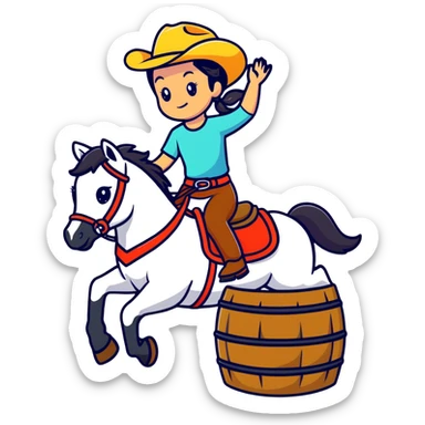 girl barrel racing on a horse, cartoonish sticker style sticker