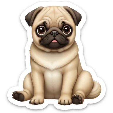 detailed-[cute pug]-realistic-full-body-sitting-emoji,-tail-resting-loosely-beside-its-paws,-head-tilted-dramatically, -sleek-fur,-simplified-yet-realistic-focused-features,-highly-detailed,-glowing-with-an-almost-sarcastic-glow sticker
