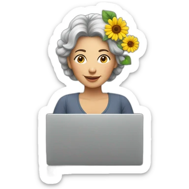 Middle aged woman with flowers in hair sitting with grey laptop sticker