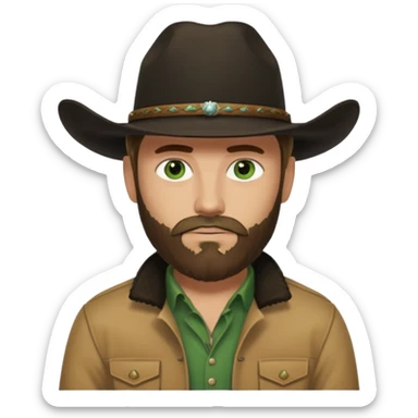 yellowstone dutton ranch cowboy with beard and green eyes, black cowboy hat, black t-shirt and tan jacket sticker