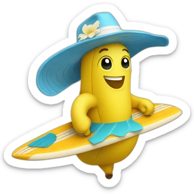a banana with a hat who’s surfing sticker