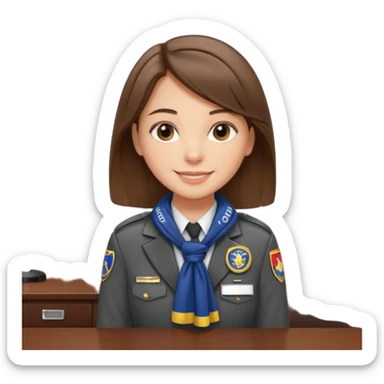 Young girl, straight hair, wearing uniform jacket with hotel name badge, tasteful scarf, stand behind the desk sticker