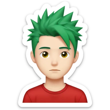 "- Nam
- 15 tuổi
- Da trắng
- Tóc xanh lá cây vuốt nhọn dựng đứng
- áo đỏ
" sticker