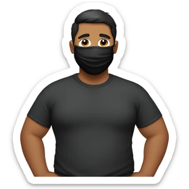 a fat tan guy with short black side-partedhair wearing a surgical face mask and a black sweatshirt sticker