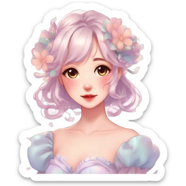 Gorgeous pastel anime style lady with blushing face with flower petals around cute dress  cottagecore fairycore pastelcore shiny colorful pearly petite simplistic aesthetic trending style sticker